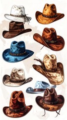 Collection of various cowboy hats in different colors and patterns