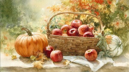 Autumn Harvest Still Life Apples, Pumpkin, and Basket