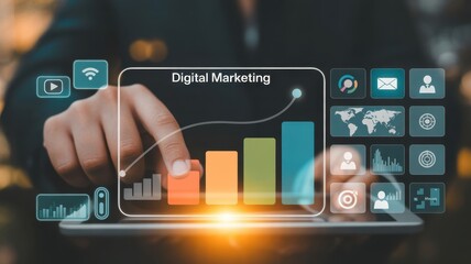 Digital Marketing Touch: A futuristic hand interacts with a holographic interface, visualizing dynamic growth. The digital marketing concepts in data-driven decisions 