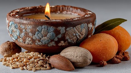 Traditional Clay Diya Lamp with Grains and Fruits