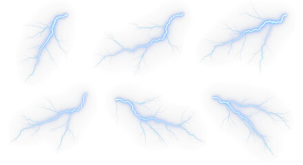 Set of blue lightning bolt strike png, thunderstorm or light effect isolated on transparent cut out background