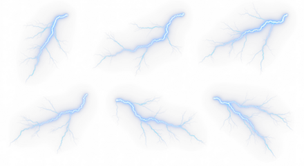 Set of blue lightning bolt strike png, thunderstorm or light effect isolated on transparent cut out background
