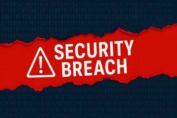 Security breach alert warning message on torn red banner revealing binary code background symbolizing cyber attack compromised data privacy risk incident digital hacking threat awareness information s