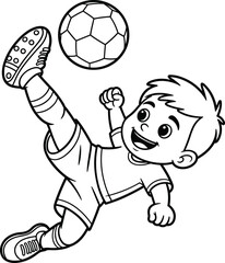 Cute cartoon boy playing soccer, black and white coloring page, happy kid kicking football, fun sports activity illustration for children