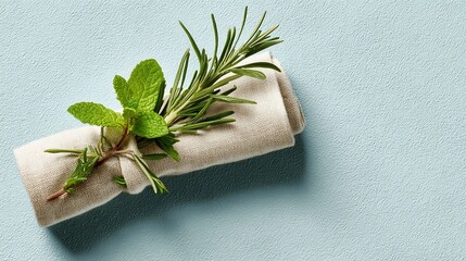 Rolled cloth napkin tied with fresh rosemary and mint on a blue surface