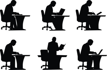 Office activity silhouette set showing reading, writing, laptop use, and desk posture variations for education, business, and design use