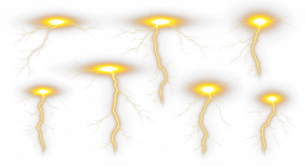 set of yellow lightning bolt strike png, thunderstorm or light effect isolated on transparent cut out background