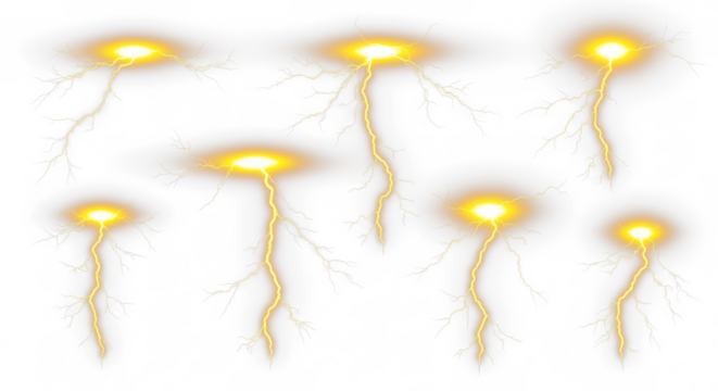set of yellow lightning bolt strike png, thunderstorm or light effect isolated on transparent cut out background