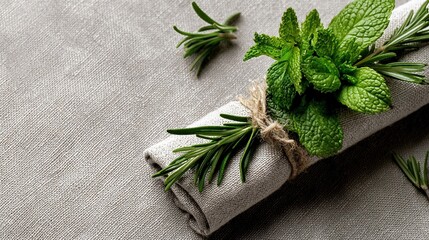 Rolled linen napkin adorned with fresh mint and rosemary, rustic tie