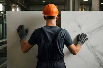 Male Worker in Hard Hat and Gloves Examining and Comparing Two Large Slabs of Marble and Stone in a Factory