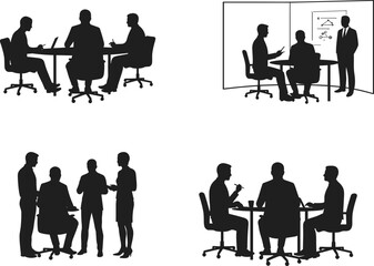 Silhouette business people meeting, discussing, presenting with charts and laptops—teamwork, strategy, office collaboration vector for corporate and professional themes