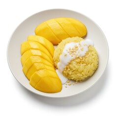 Mango sticky rice isolated on white background, traditional dessert use cases.