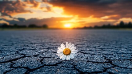 Daisy flower on cracked soil at sunset