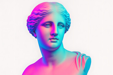 Colorful gradient sculpture bust with neon light effect, classical statue head in vibrant pink blue tones, contemporary digital art concept, modern aesthetic creative design, abstract artistic inspira
