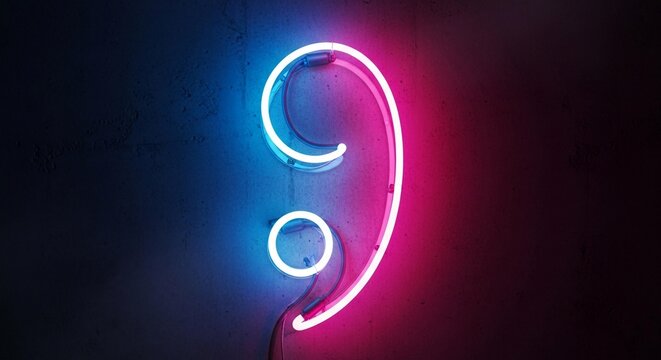 Neon semicolon sign with blue and pink lights against a dark background.