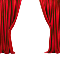 Red theater curtains open wide, revealing a dark stage