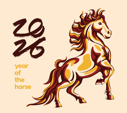 2026 Year of the Horse illustration in traditional Asian style, perfect for Lunar New Year designs, decorations, prints, and festive zodiac themes.