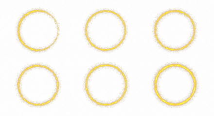 Collection of Gold light circle with sparkles, vector magic glow 3d effect. Realistic golden shiny ring or swirl, round frame of flare trail with glitter dust cut out PNG transparent background 