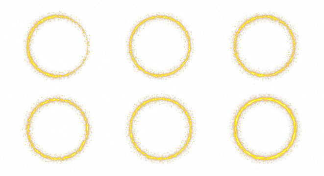 Collection of Gold light circle with sparkles, vector magic glow 3d effect. Realistic golden shiny ring or swirl, round frame of flare trail with glitter dust cut out PNG transparent background 