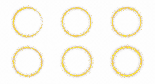 Collection of Gold light circle with sparkles, vector magic glow 3d effect. Realistic golden shiny ring or swirl, round frame of flare trail with glitter dust cut out PNG transparent background 