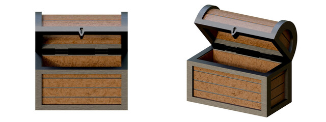 Set of treasure chest on a isolated background. Empty treasure boxes. Medieval wooden realistic chests 3d render illustration. Online or mobile game elements.