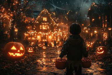 Little boy in Halloween costume with bucket of candies standing in front of haunted house. Halloween. Halloween Party. Halloween Concept with Copy Space.