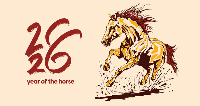 2026 Year of the Horse illustration in traditional Asian style, perfect for Lunar New Year designs, decorations, prints, and festive zodiac themes.