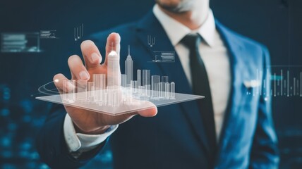 Visionary Touch: A sharply dressed man in a suit, embodying the forefront of innovation, interacts with a holographic cityscape, symbolizing futuristic technology and urban development.