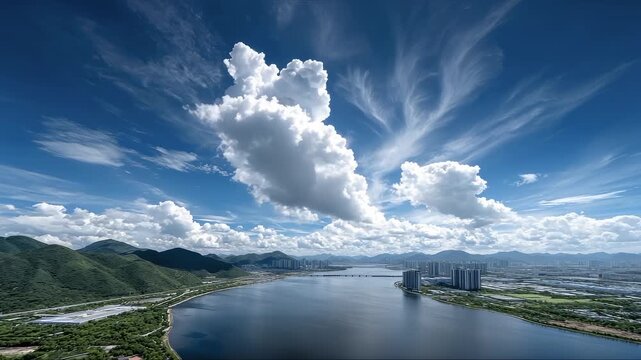 Harmonious Coexistence of Cityscape and River under Blue Sky and White Clouds