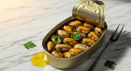 A can of tinned mussels in brine, garnished with parsley, placed on a marble surface. The mussels are a sustainable seafood option, rich in protein.