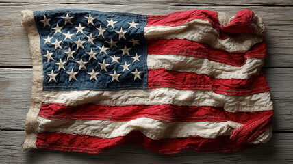 Patriotic American flag on rustic white wood background celebrating Memorial Veterans Labor