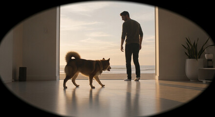 Silhouette of Man and Dog by Ocean View Window, Warm Light