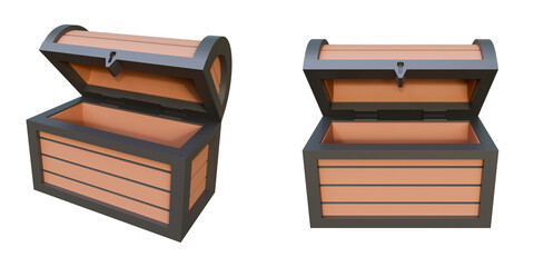 Set of treasure chest on a isolated background. Empty treasure boxes. Cartoon wooden realistic chests 3d render illustration. Online or mobile game elements.