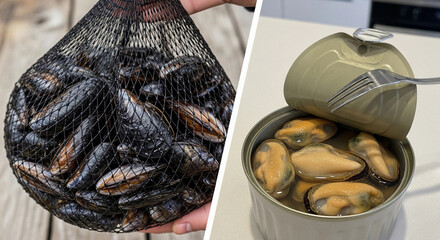 A mesh bag filled with fresh mussels and an open tin of mussels in brine. The scene highlights sustainable seafood options and bivalve protein.