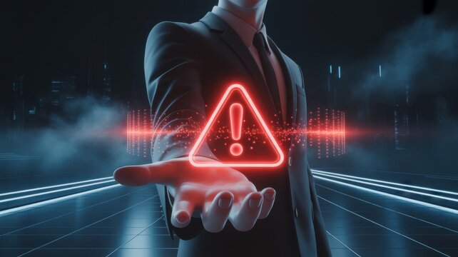 Digital Alert: An enigmatic business professional, radiating authority, extends a hand towards a glowing, digitally rendered warning sign.