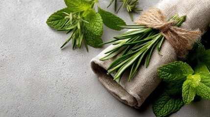 Rolled linen napkin with rosemary tied with string, beside fresh herbs