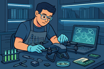 Drone engineer or scientist repairing a drone with tools in a futuristic lab, a tech illustration.