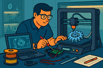 Engineer with glasses using a 3D printer and soldering iron to create a prototype.
