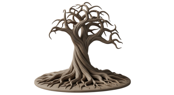 Mystical twisted tree with eerie hollows and exposed roots