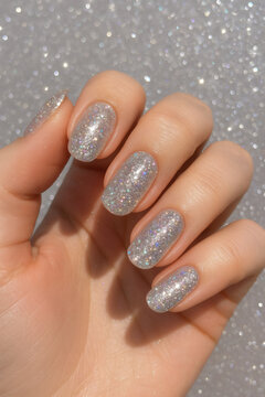 Hand with shimmering silver nails. Elegant glitter manicure with a sparkling finish reflects light in every direction.