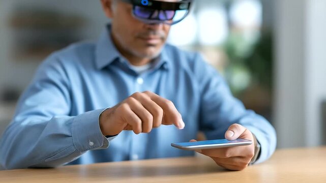 Product designer prototyping consumer electronics using AR visualization technology manipulating virtual smartphone models and testing user interface interactions in augmented rea
