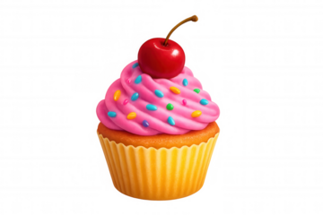 3d rendering of a delicious cupcake with pink frosting, sprinkles, and a cherry on top, isolated on a transparent background