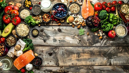Healthy Eating - A Vibrant Array of Nutritious Foods on Rustic Wood.