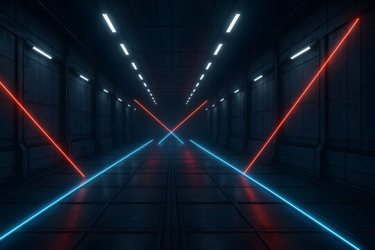 Futuristic dark corridor with glowing red and blue laser beams, symmetrical sci fi industrial tunnel with reflective floor, neon light lines converging in perspective, high tech digital infrastructure