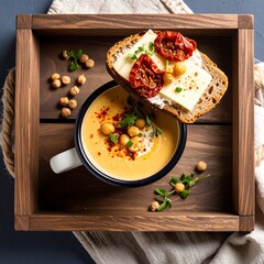 Wooden tray holds a mug of creamy chickpea soup with a slice of toasted bread topped with cheese and sun-dried tomatoes