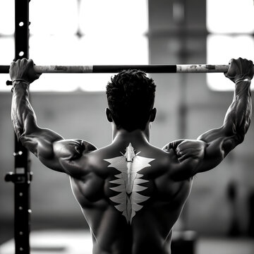 Black and White High-Contrast Photograph of Male Gymnast Holding Planche on Parallel Bars, Sculptural Lighting Revealing Back Muscles Like Intricate Architecture