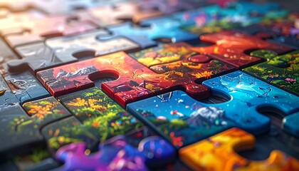 Naklejka premium Puzzle Pieces Assembled Unraveling the Bigger Picture of Diverse Imagery and Concepts