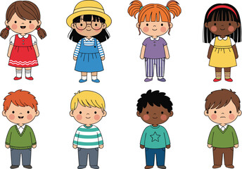 Diverse group of cartoon children in colorful clothing, multicultural kids illustration, happy boys and girls, playful characters, vector art design