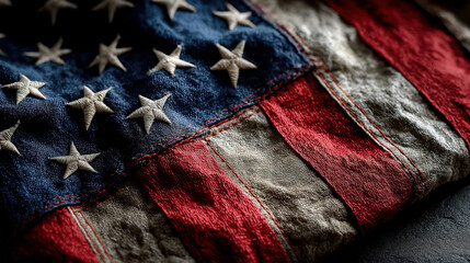 Patriotic scene showing United States flag on dark concrete surface with blank area for messages