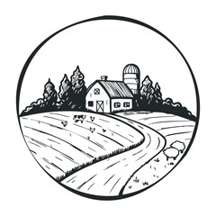 Scenic farm landscape with barn and fields rural setting black and white illustration serene environment. Vector illustration